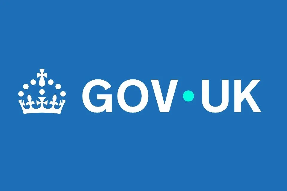 The GOV.UK logo with a white crown symbol on a blue background, and the text 'GOV.UK' in white, with a small blue dot between 'GOV' and 'UK'.
