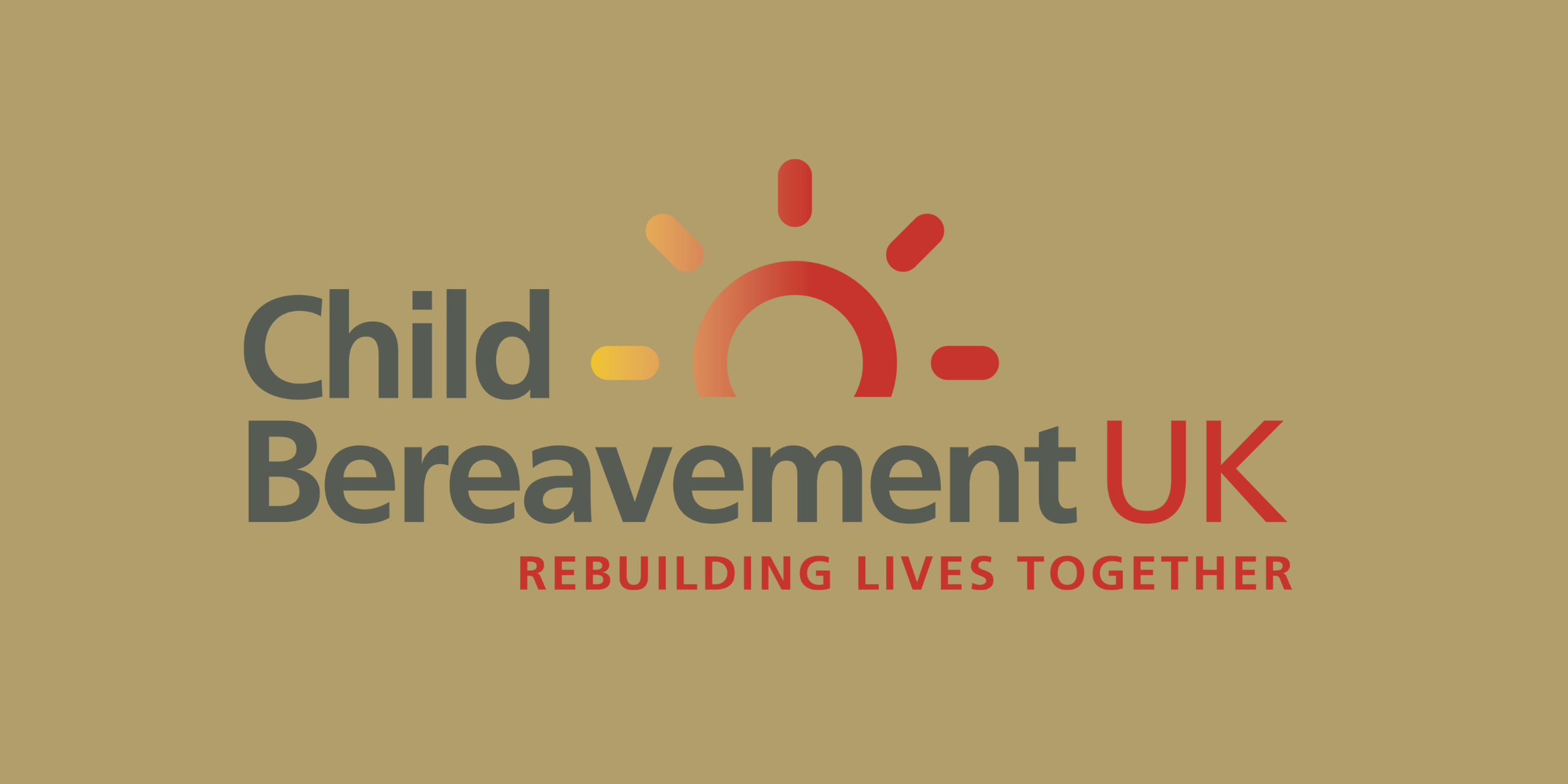 Logo for Child Bereavement UK with a stylized sun above the text, and the tagline 'Rebuilding Lives Together' in red.