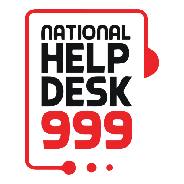 Logo for the National Help Desk with the number 999 in red and a stylized red outline resembling a device or call button.