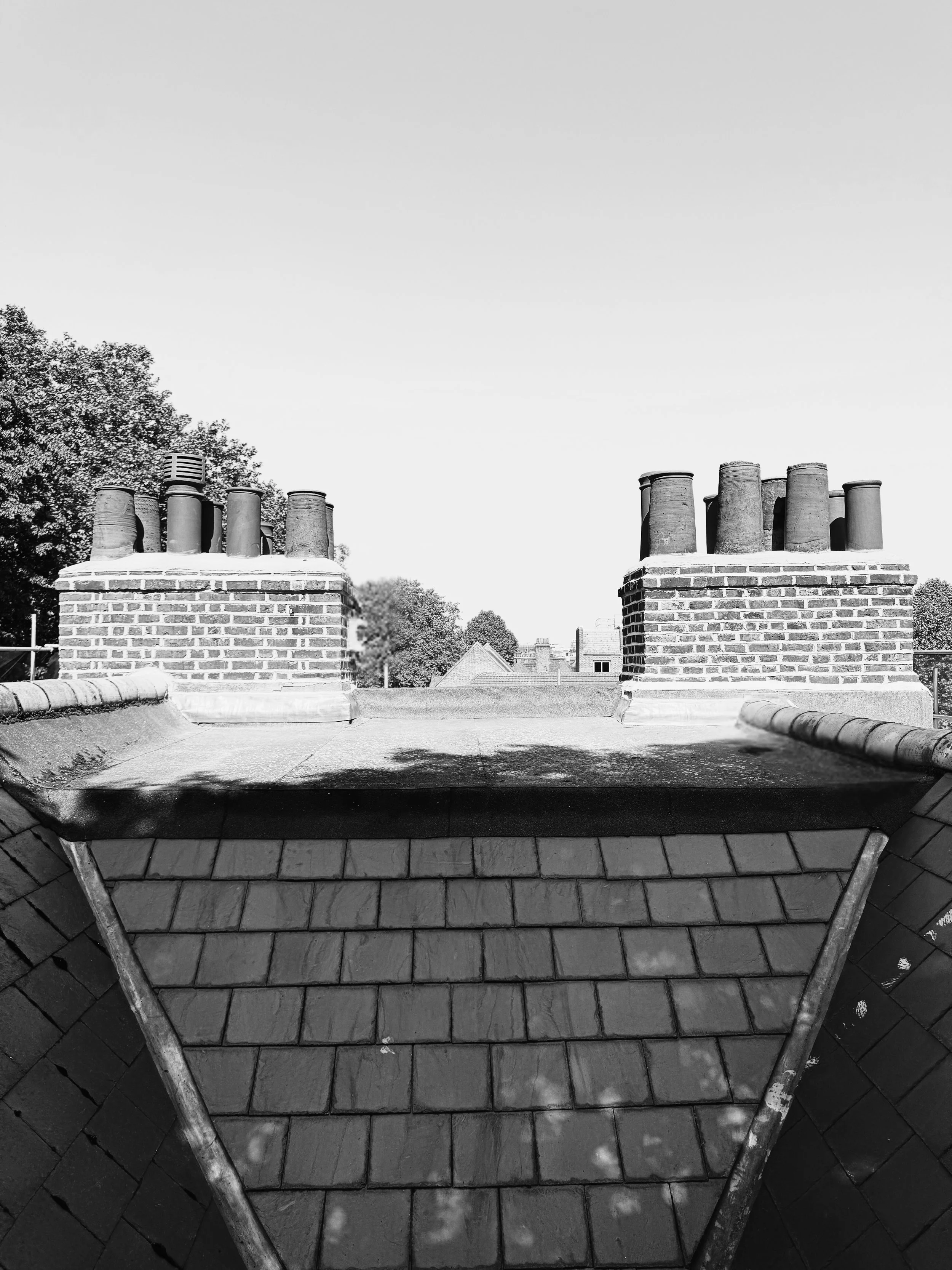 Black and white photo of a rooftop with brick chimneys and multiple vent pipes on a sunny day.