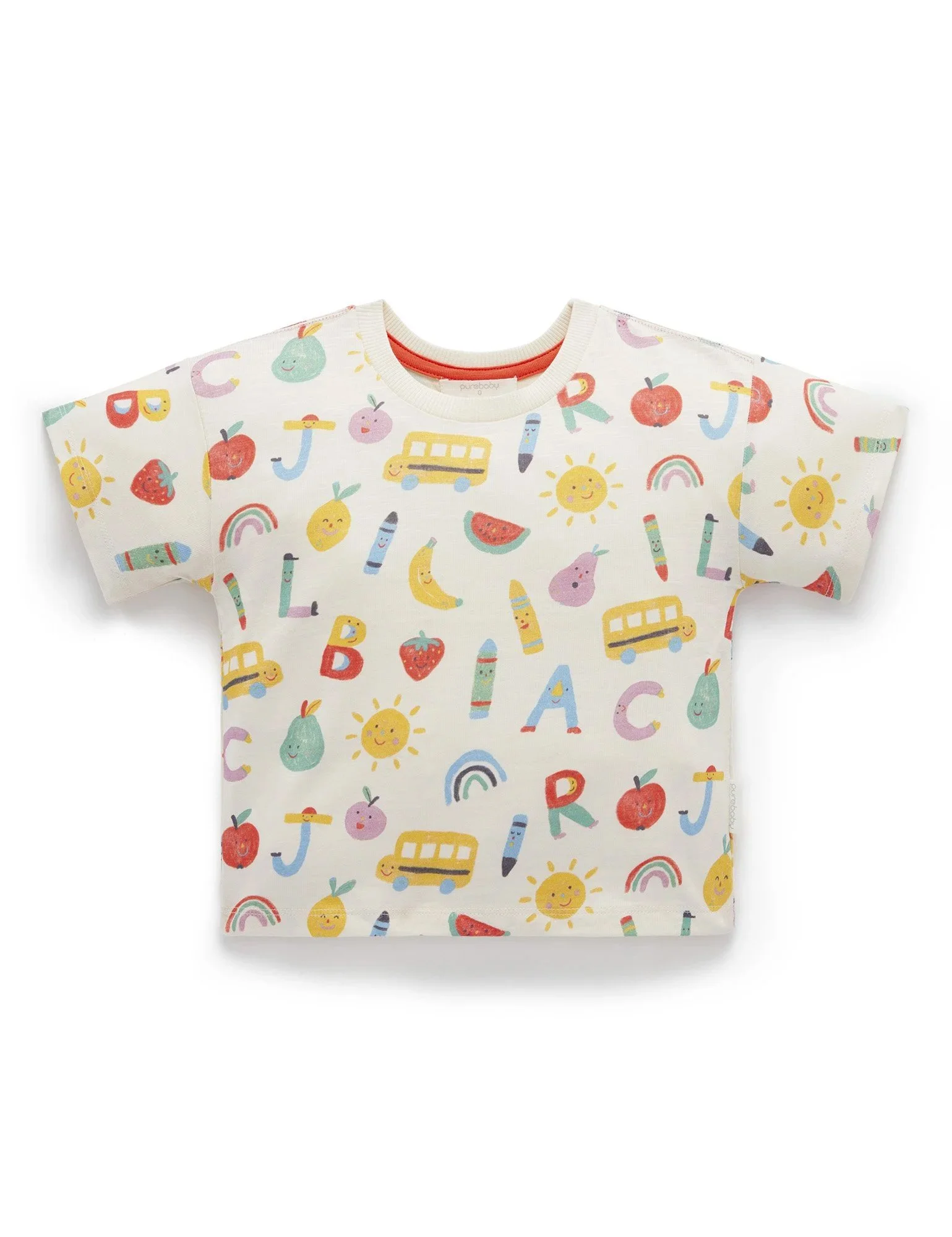 Children's white T-shirt with colorful playful illustrations of suns, rainbows, apples, clouds, and letters.