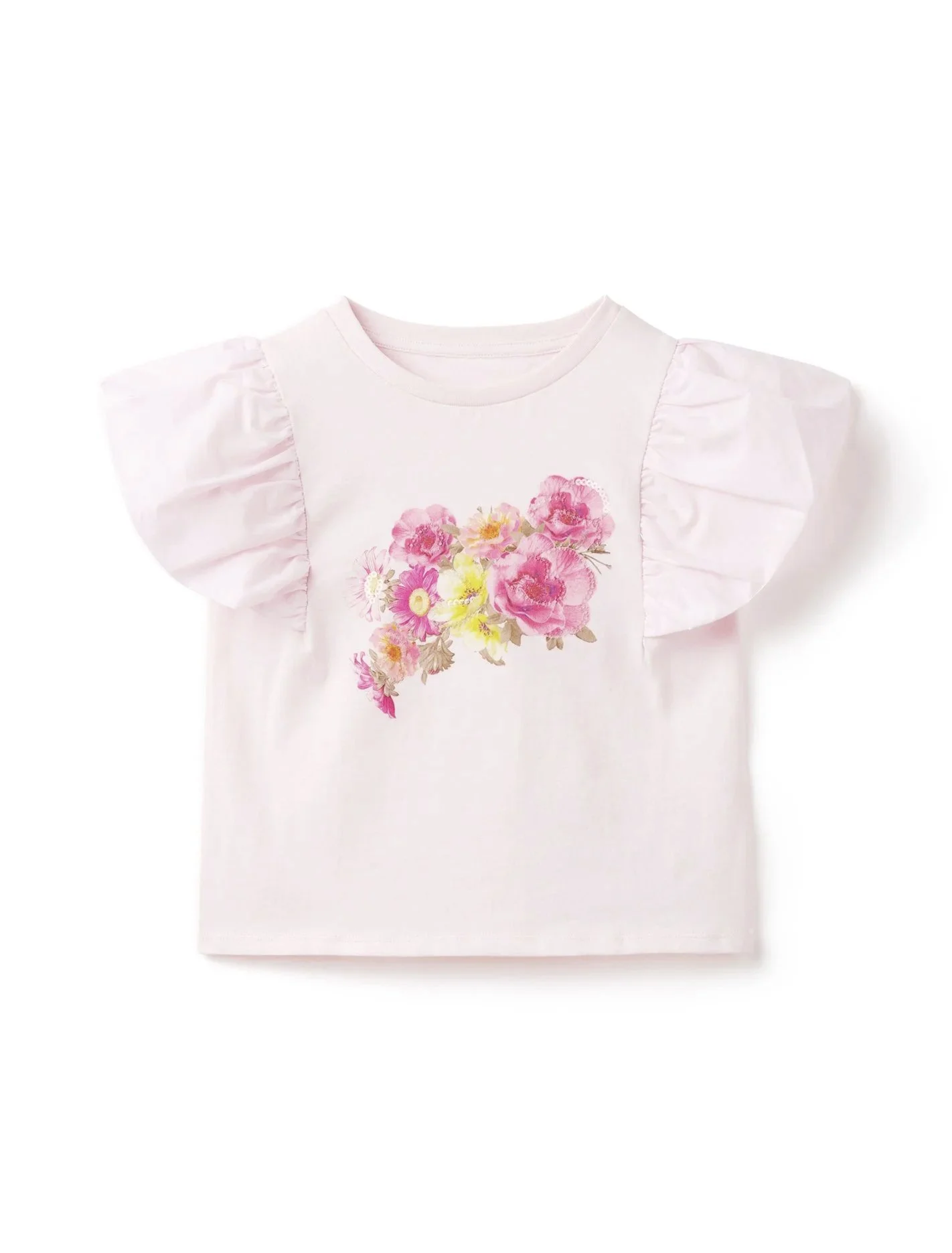 Pink children's T-shirt with ruffled sleeves and a floral print on the front.