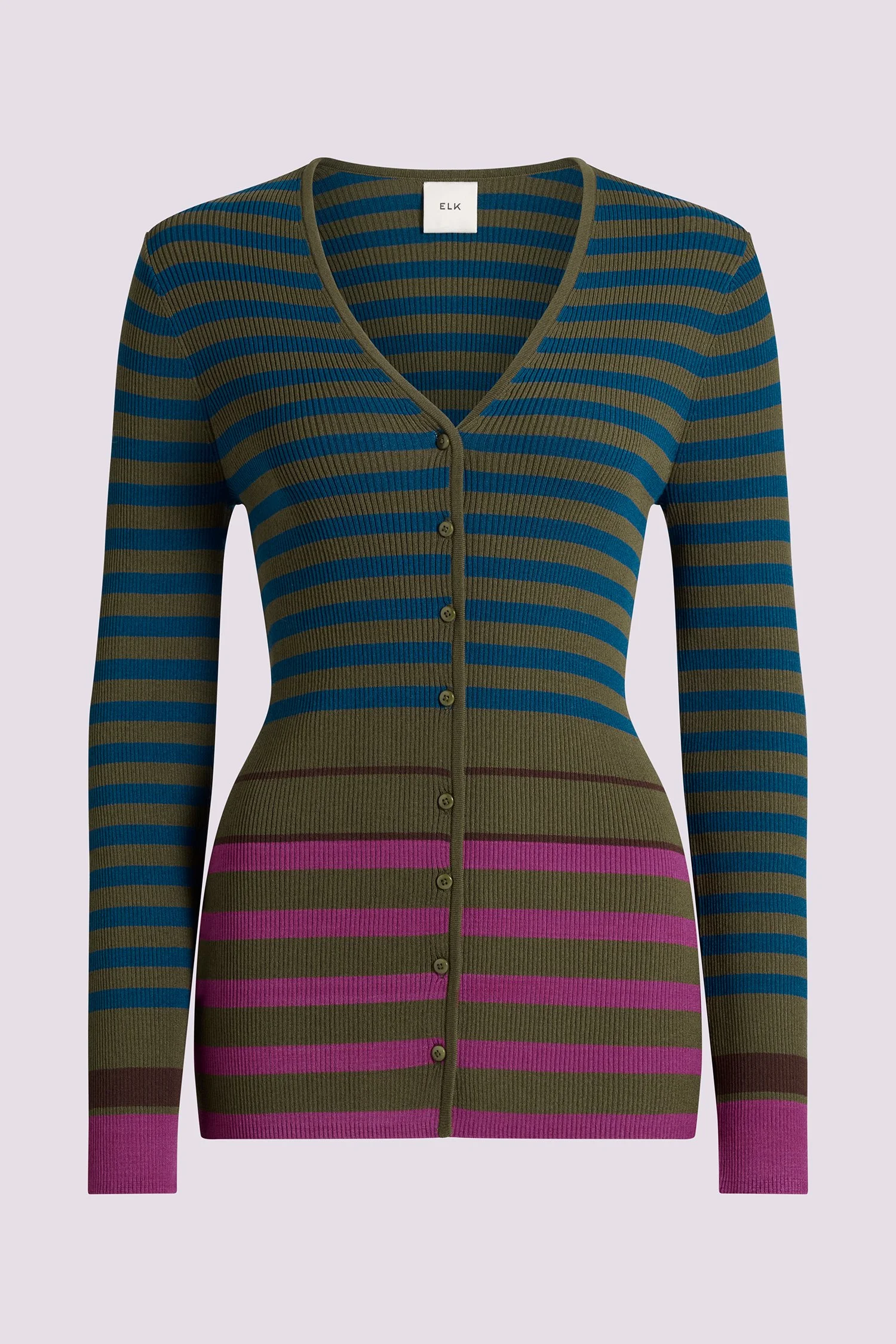 Olive green cardigan with multicolored horizontal stripes in blue, purple, and dark brown, featuring a V-neck and button closure.