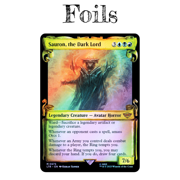 A colorful magic the gathering card titled "Sauron, the Dark Lord," featuring a dark, armored figure with a menacing aura. The card has a green and black border, with various symbols and text describing its abilities.