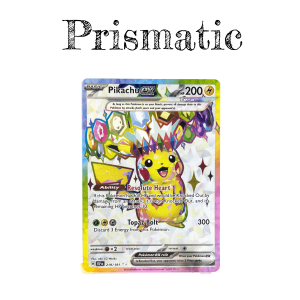A Pokémon trading card featuring Pikachu EX with 200 HP, Ability 'Resolute Heart,' and Topaz Bolt attack, set against a sparkling background.