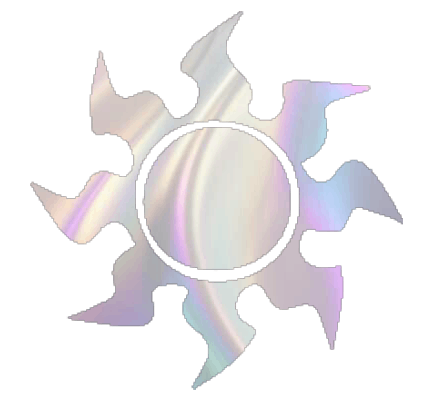A metallic, shiny, and somewhat iridescent gear or cog with multiple jagged and curved teeth.