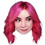 A young woman with long pink hair, smiling and looking to the side.