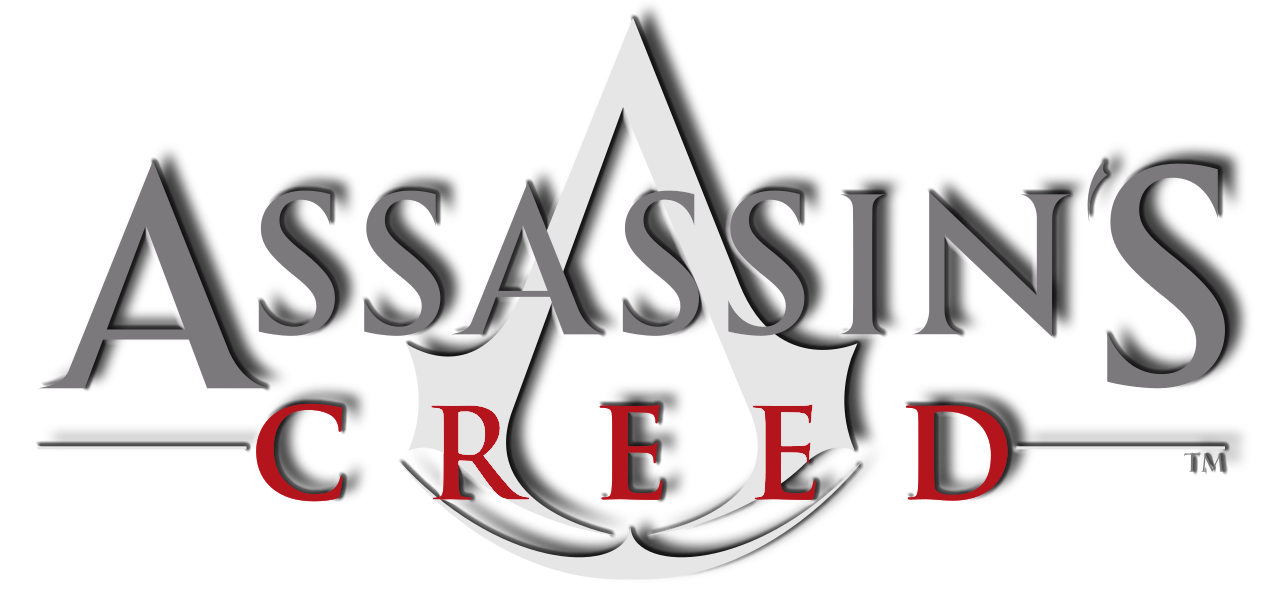 Logo for Assassin's Creed video game series with stylized black and gray text and a red and white blade symbol in the background.