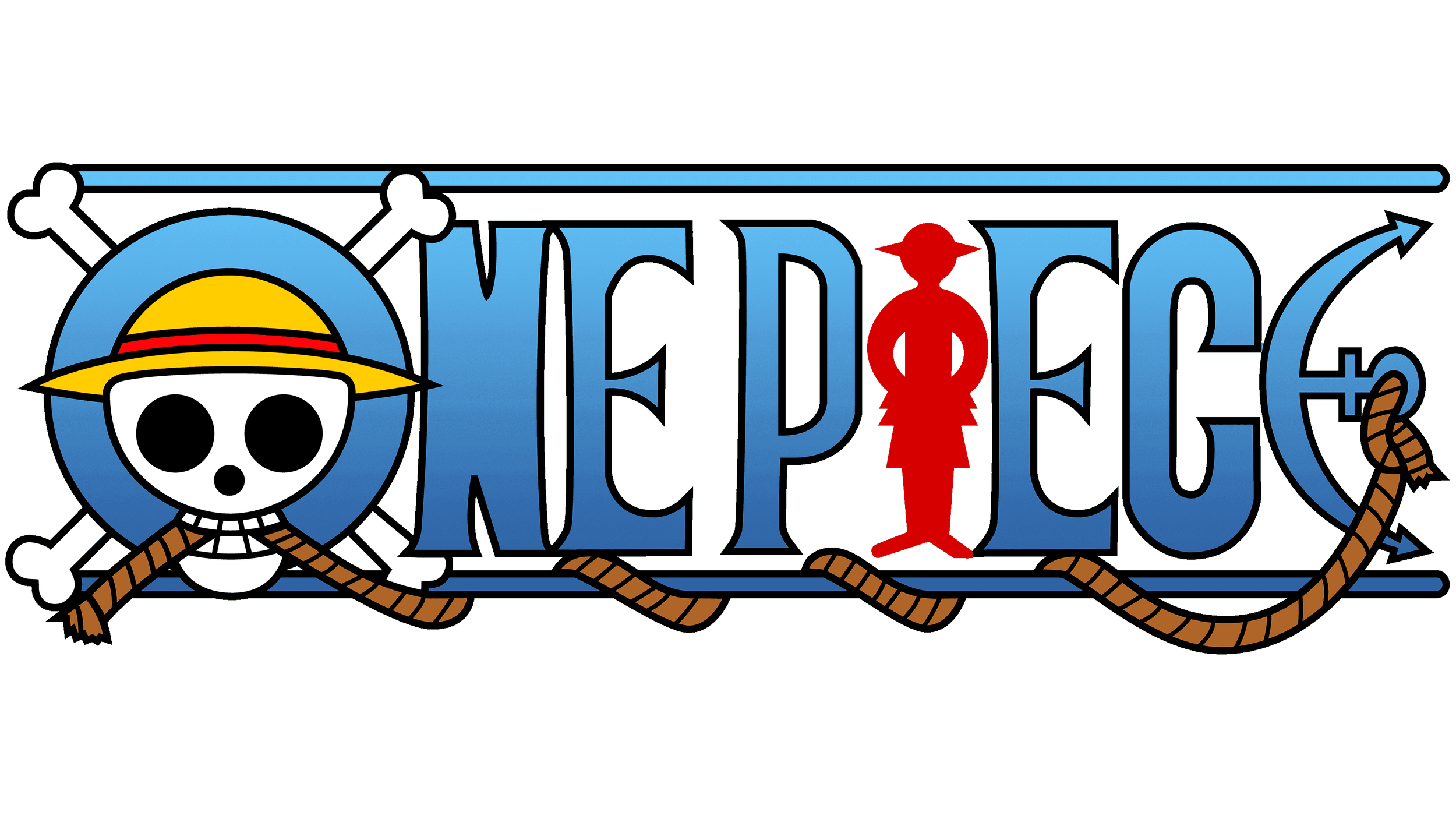 One piece emblem featuring a skull and crossbones with a straw hat, a red silhouette of a woman in the center, the word "OnePiece" in large blue letters, and a rope around the bottom.