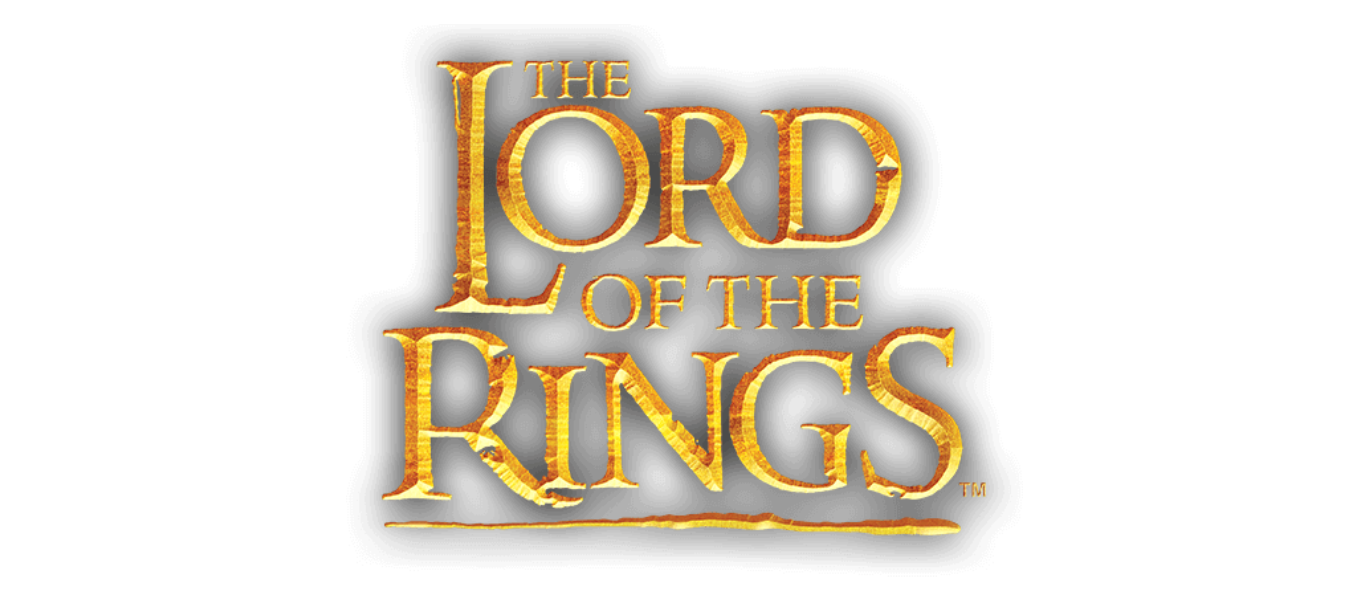 Logo for The Lord of the Rings with gold and orange text on black background.