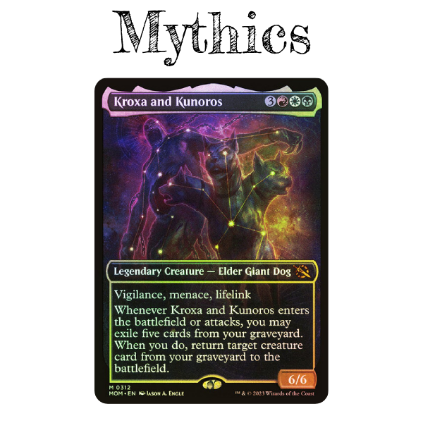Magic: The Gathering card titled "Kroxa and Kunoros" featuring artwork of a giant dog with glowing yellow eyes in a cosmic background. The card details legendary creature - Elder Giant Dog, with vigilance, menace, lifelink, and a mechanic involving exiling and returning cards from the graveyard. Power and toughness are 6/6.