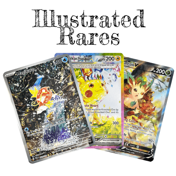 Three Pokémon trading cards fanned out, featuring magical, electric, and grass types.