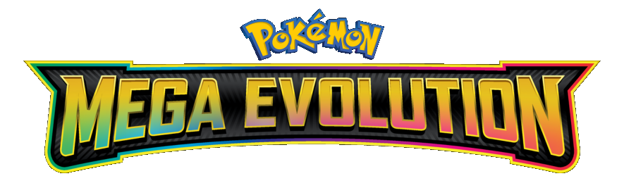 Pokémon Mega Evolution logo with bold yellow and purple text on a black background.