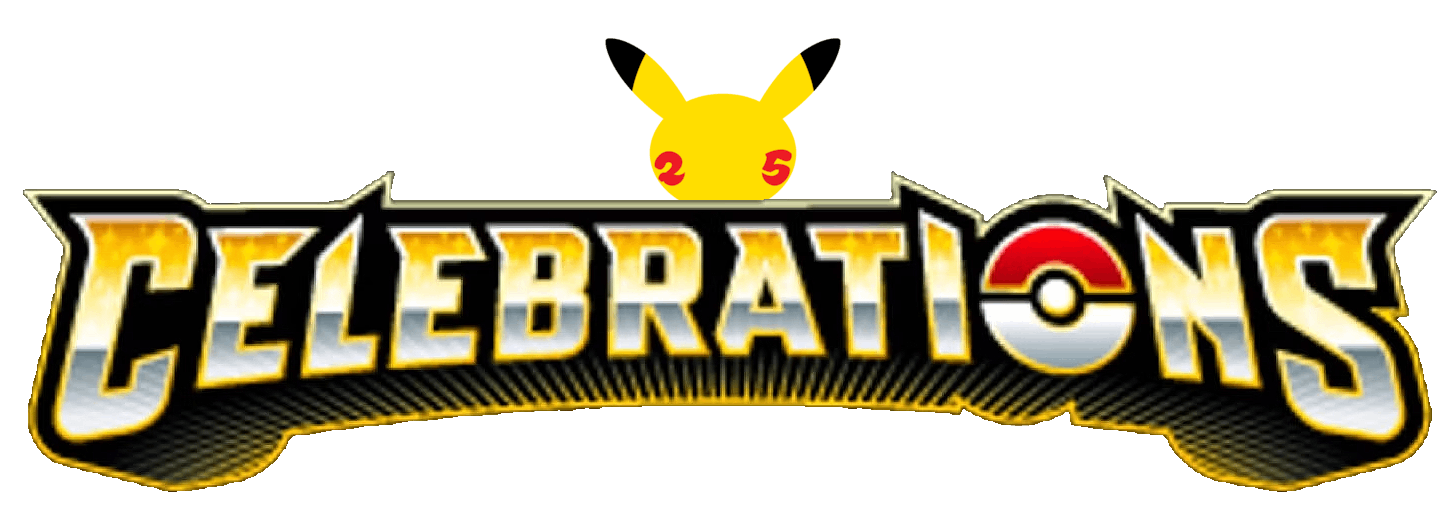 Logo for 'Celebrations' featuring a yellow Pikachu face with black ears, red cheeks, and the number '25' in red on its forehead, and a Poké Ball as the letter 'O' in 'Celebrations'.