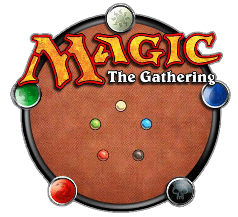 Magic: The Gathering game board with colorful mana symbols around the edge and a central area with colored tokens.