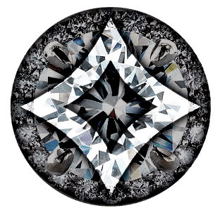 Close-up of a round diamond with a layered, faceted cut, set against a dark background.