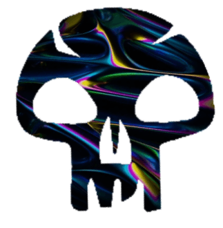 Digital skull with colorful, neon-like streaks on a black background.