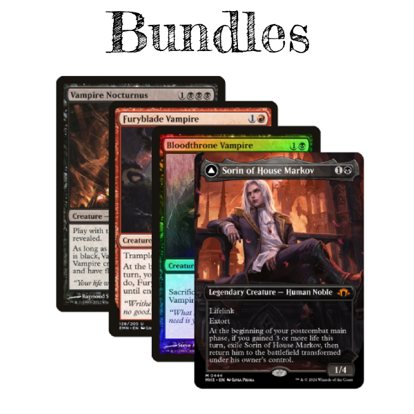 Four Magic: The Gathering vampire cards fanned out, featuring Vampire Nocturnus, Furyblade Vampire, Bloodthrone Vampire, and Sorin of House Markov.