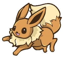 Cartoon of Eevee, a small fox-like Pokémon with large ears and fluffy tail.