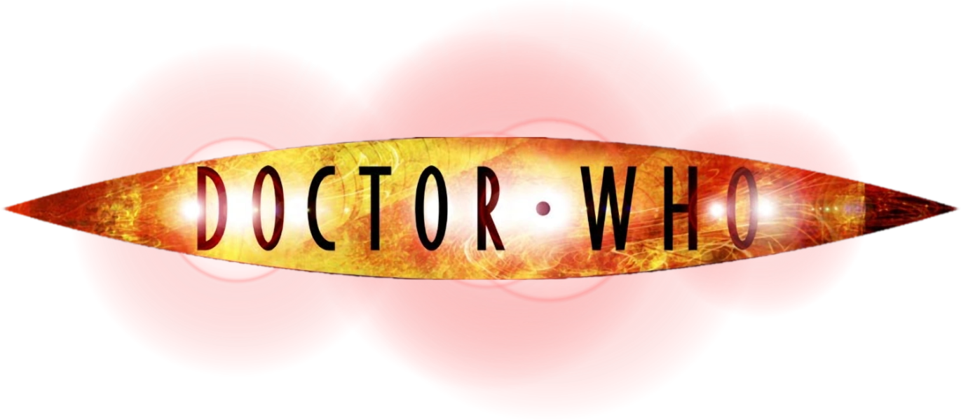 Doctor Who logo featuring a fiery, elongated oval with the text 'Doctor Who' in black letters, set against a red and black background with glowing red light effects.