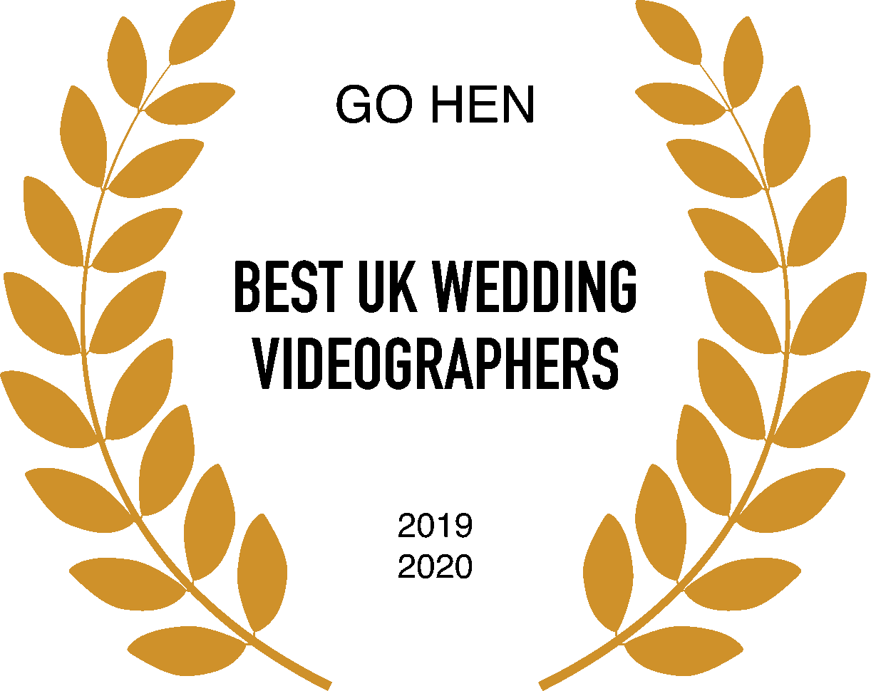Golden laurel wreath surrounding the text 'Best UK videographer 2019 and 2020' in black. Above in text is Go hen