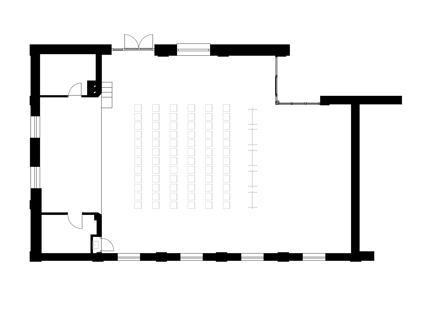 Floor plan of a large room with seating arrangements, several doors, and surrounding walls