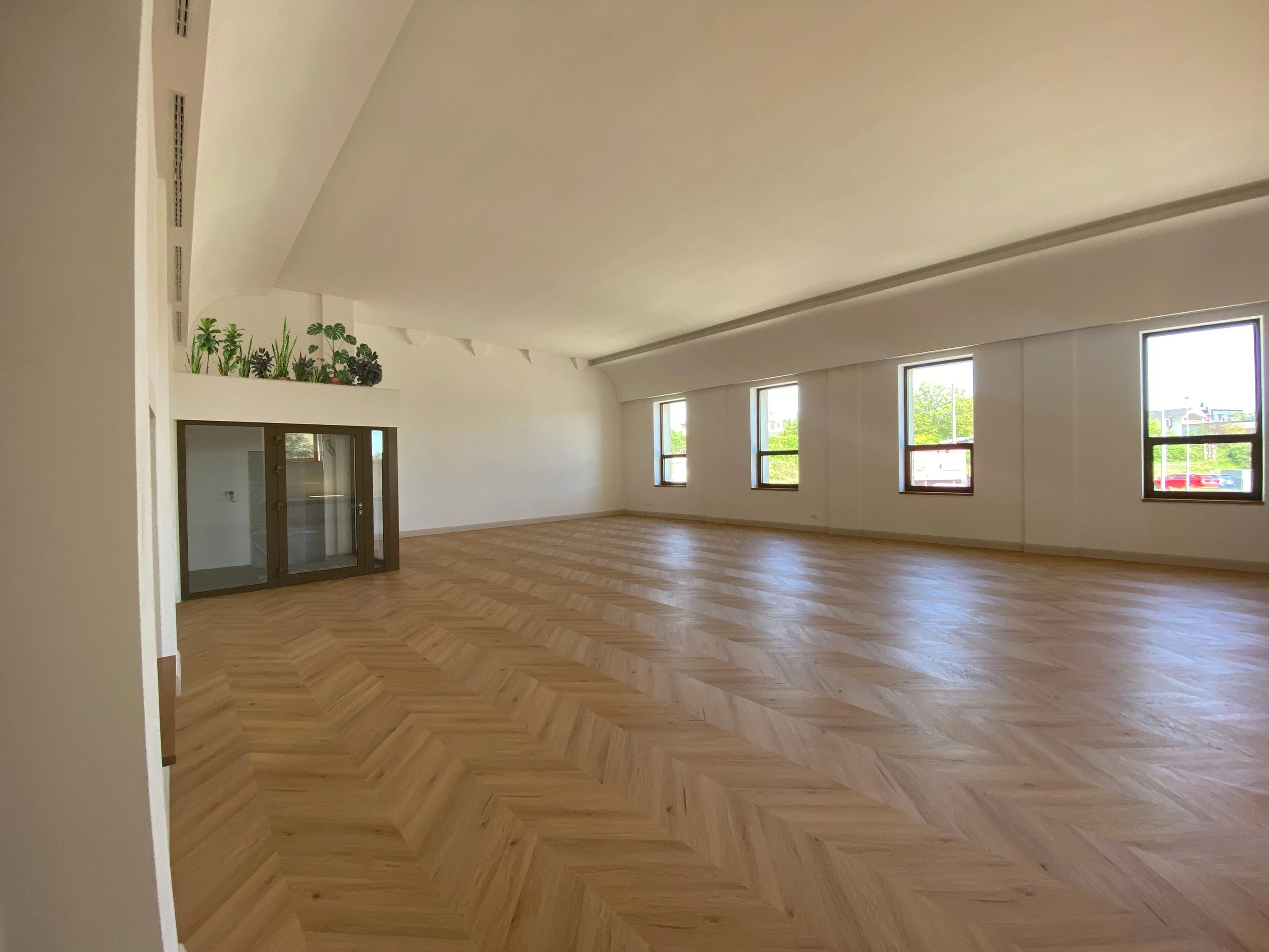 A spacious room with a high arched ceiling, wooden herringbone floor, and large windows letting in natural light. There are some plants on a ledge near the ceiling, and the walls are painted white.