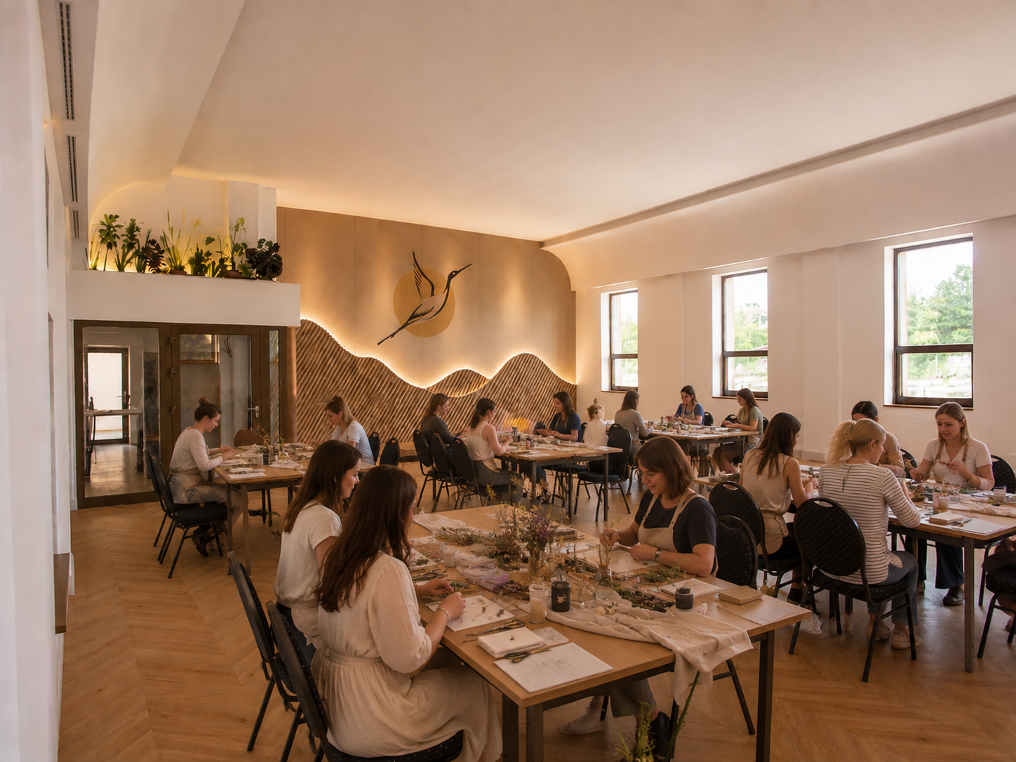 Women participating in a floral arrangement class in a bright, modern room with natural light, large windows, and decorative wall art of a bird in flight.