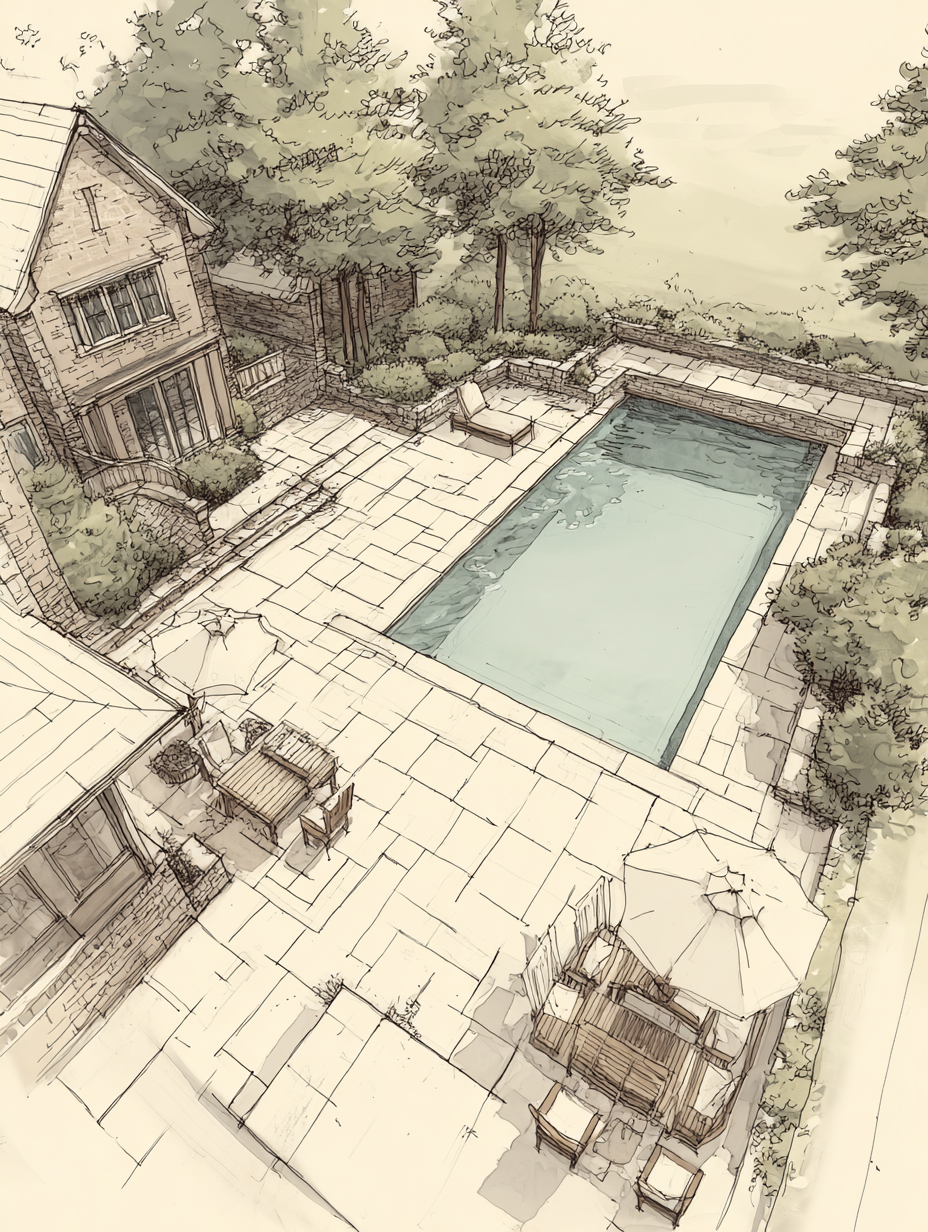 A watercolor-style drawing of a backyard with a swimming pool, surrounded by a stone patio, outdoor furniture, a house with large windows, trees, and lush greenery.