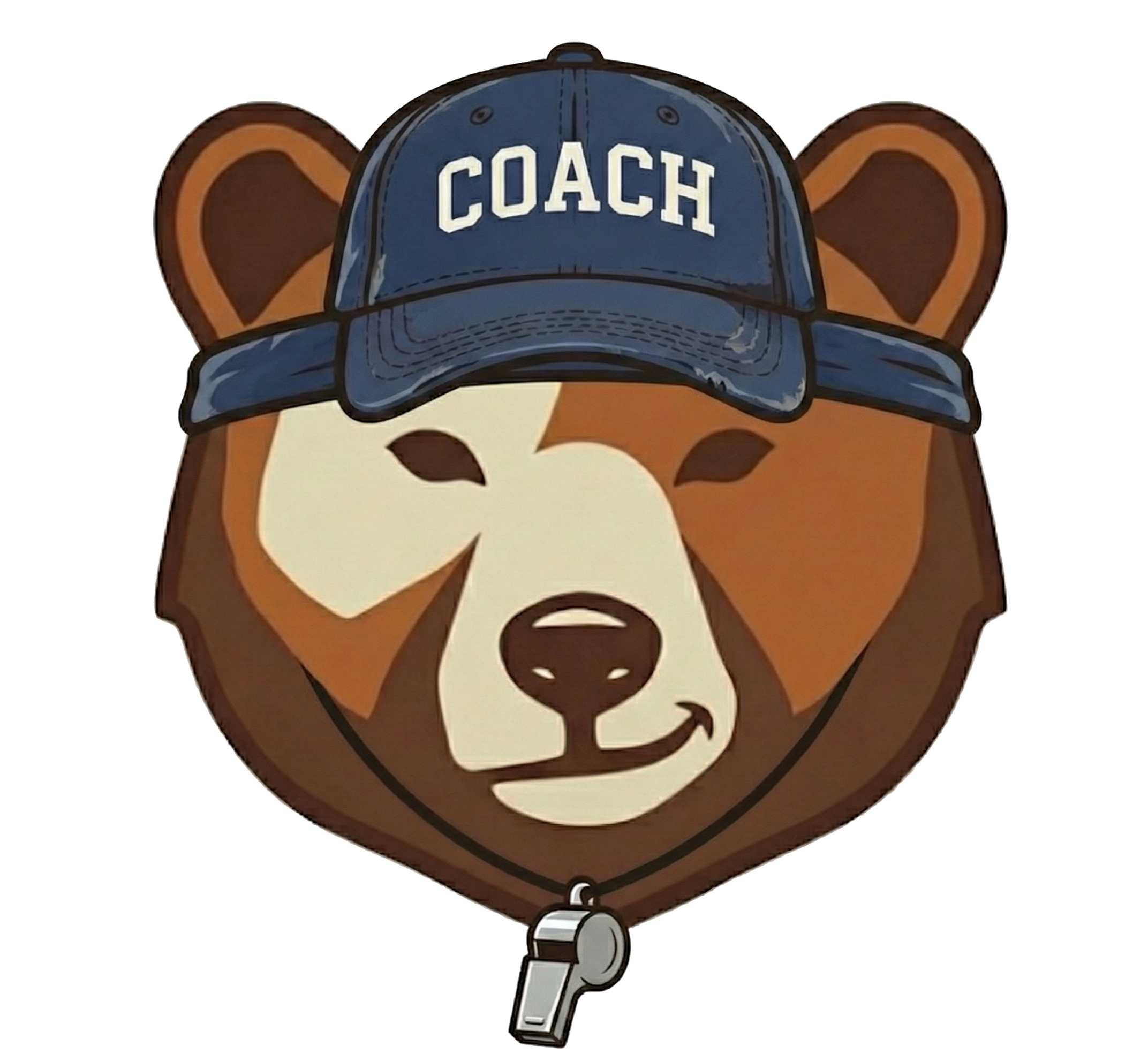 Illustration of a bear's face wearing a blue cap with the word 'COACH' on it, and a whistle hanging from its neck.