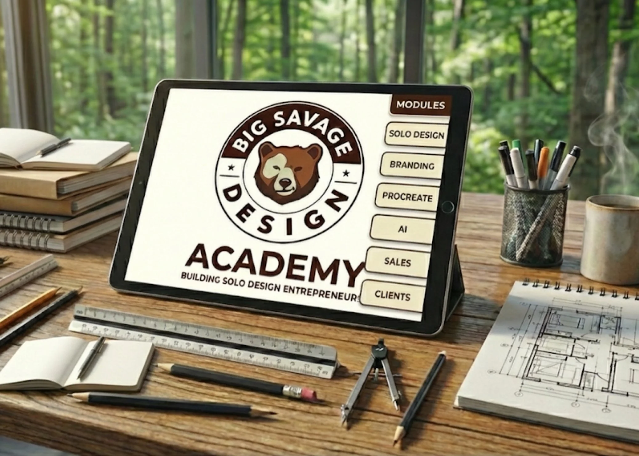 Table with architectural drawings, rulers, pencils, notebooks, a digital tablet displaying 'Big Savage Design Academy' logo, and a container with pens, with a window showing green trees outside.