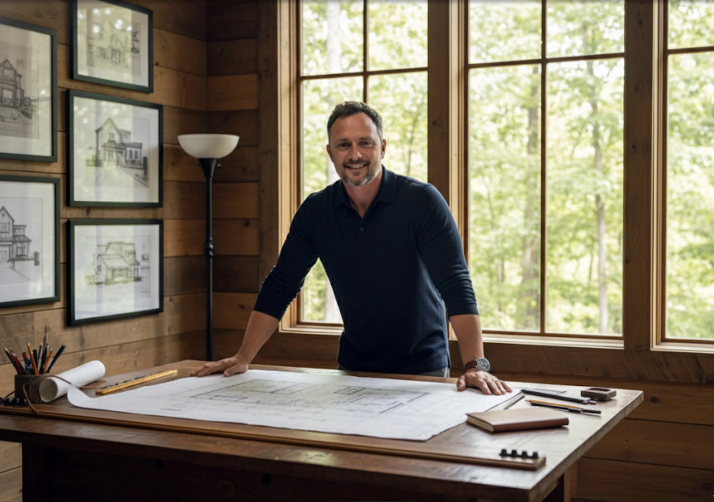 A man standing at a wooden desk with architectural plans, in a room with wood-paneled walls and large windows showing green trees outside.