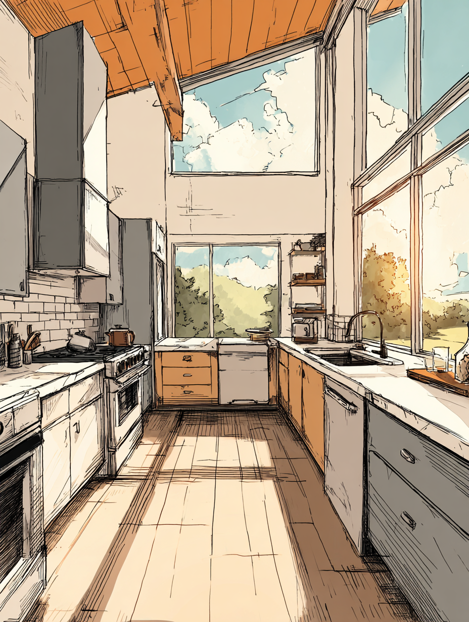 A bright, modern kitchen with large windows showing a view of trees and blue sky, wooden ceiling, white and gray cabinets, and a wooden floor.