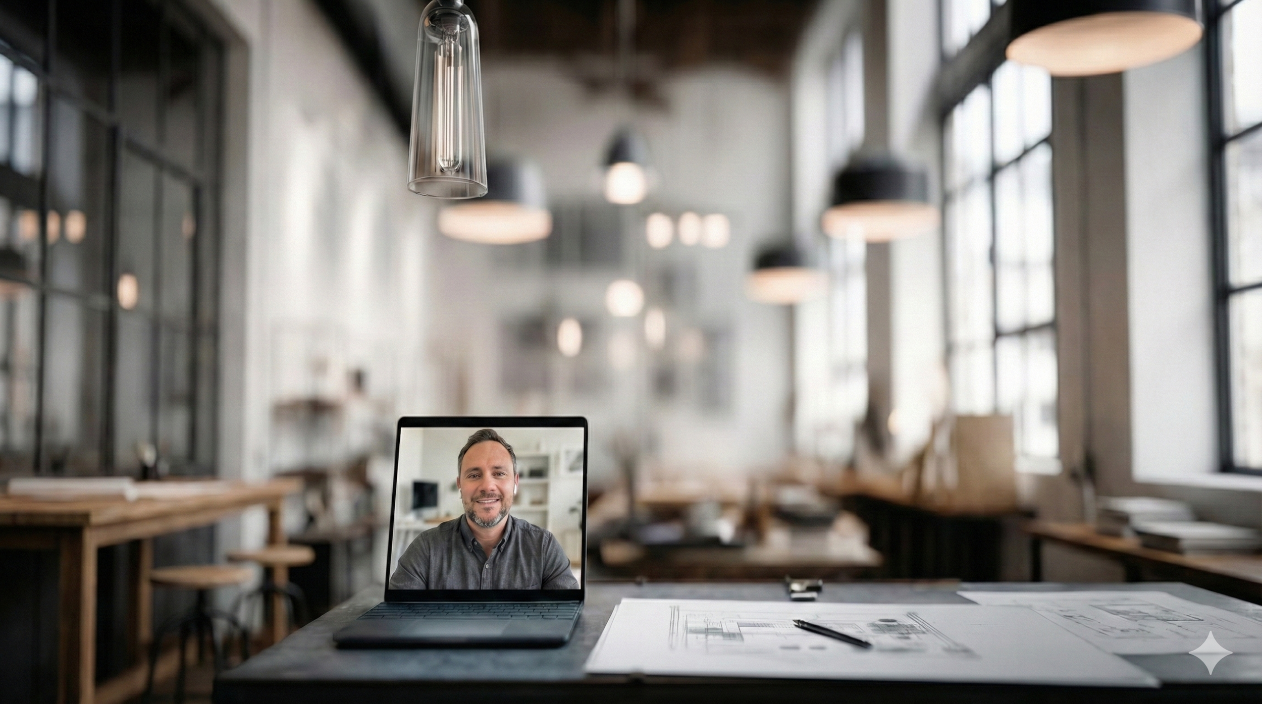 A man on a video call appears on the screen of a laptop placed on a table with architectural plans and a pen. The background is a modern, well-lit industrial-style office with large windows and hanging pendant lights.