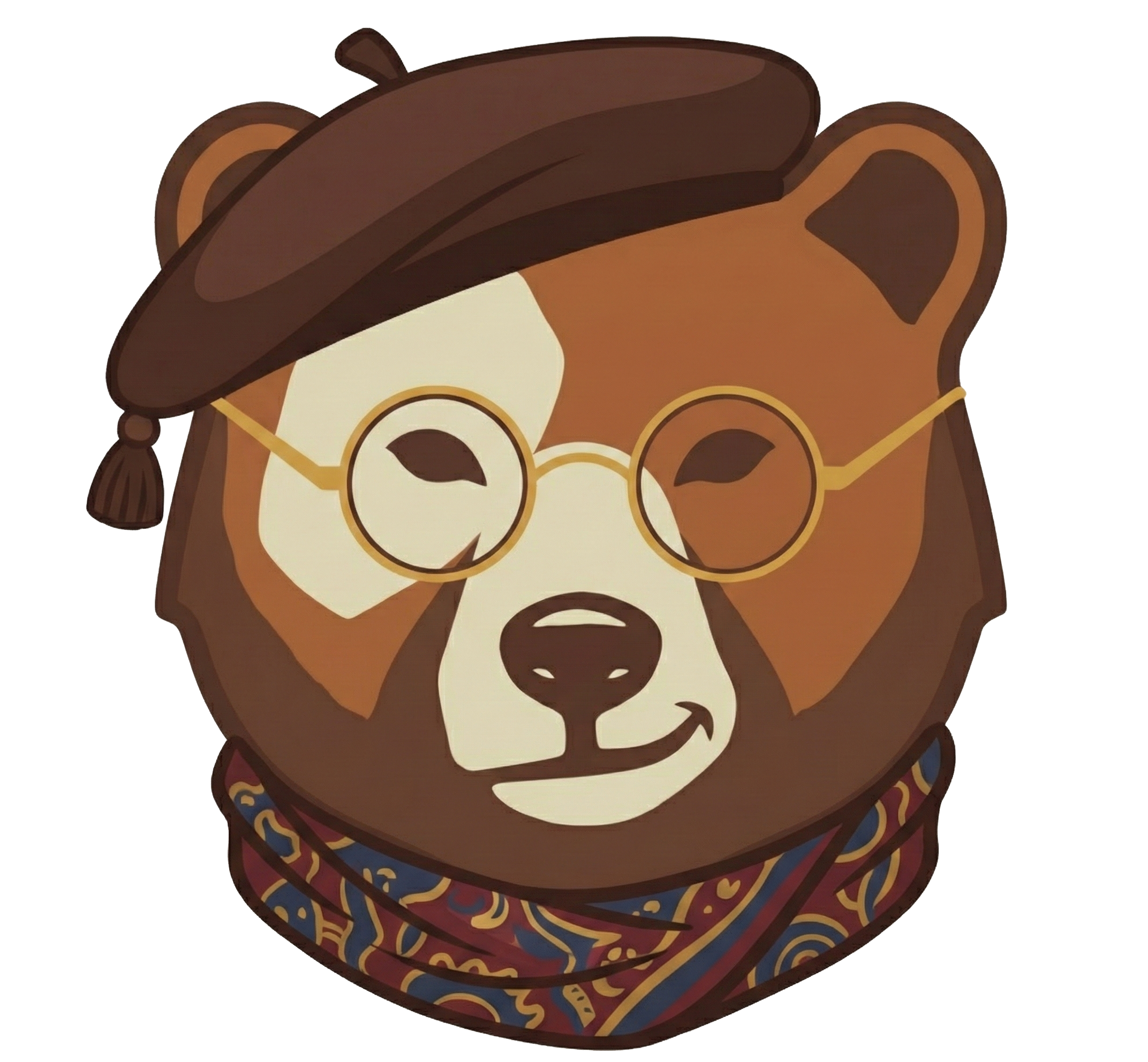 Cartoon illustration of a dog with brown fur, wearing round glasses, a beret, and a patterned bandana.