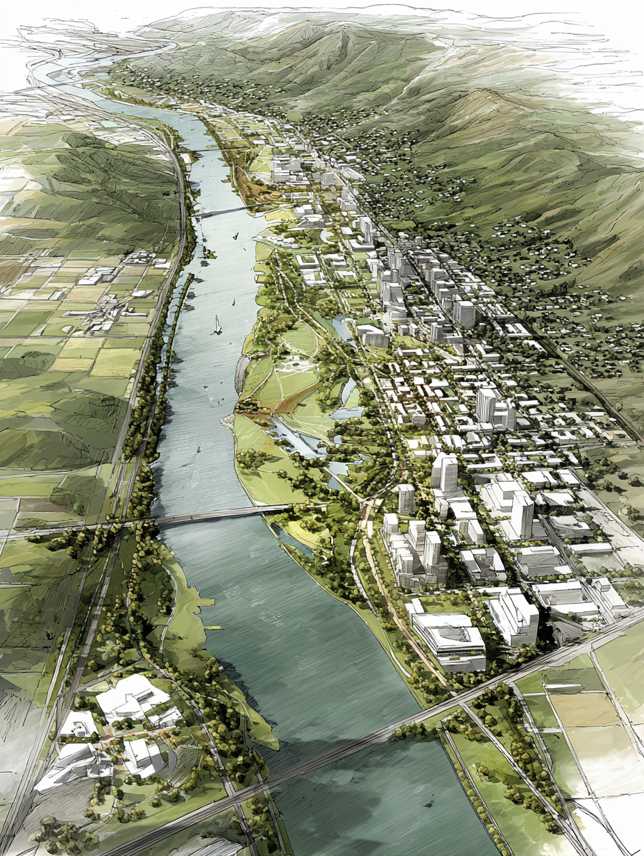 Illustrated aerial view of a city along a winding river with mountains in the background, featuring buildings, parks, and bridges.
