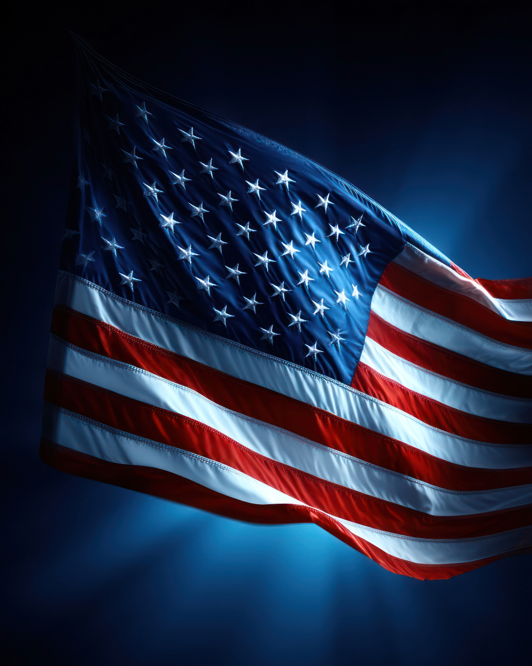 American flag waving in the wind against a dark sky.