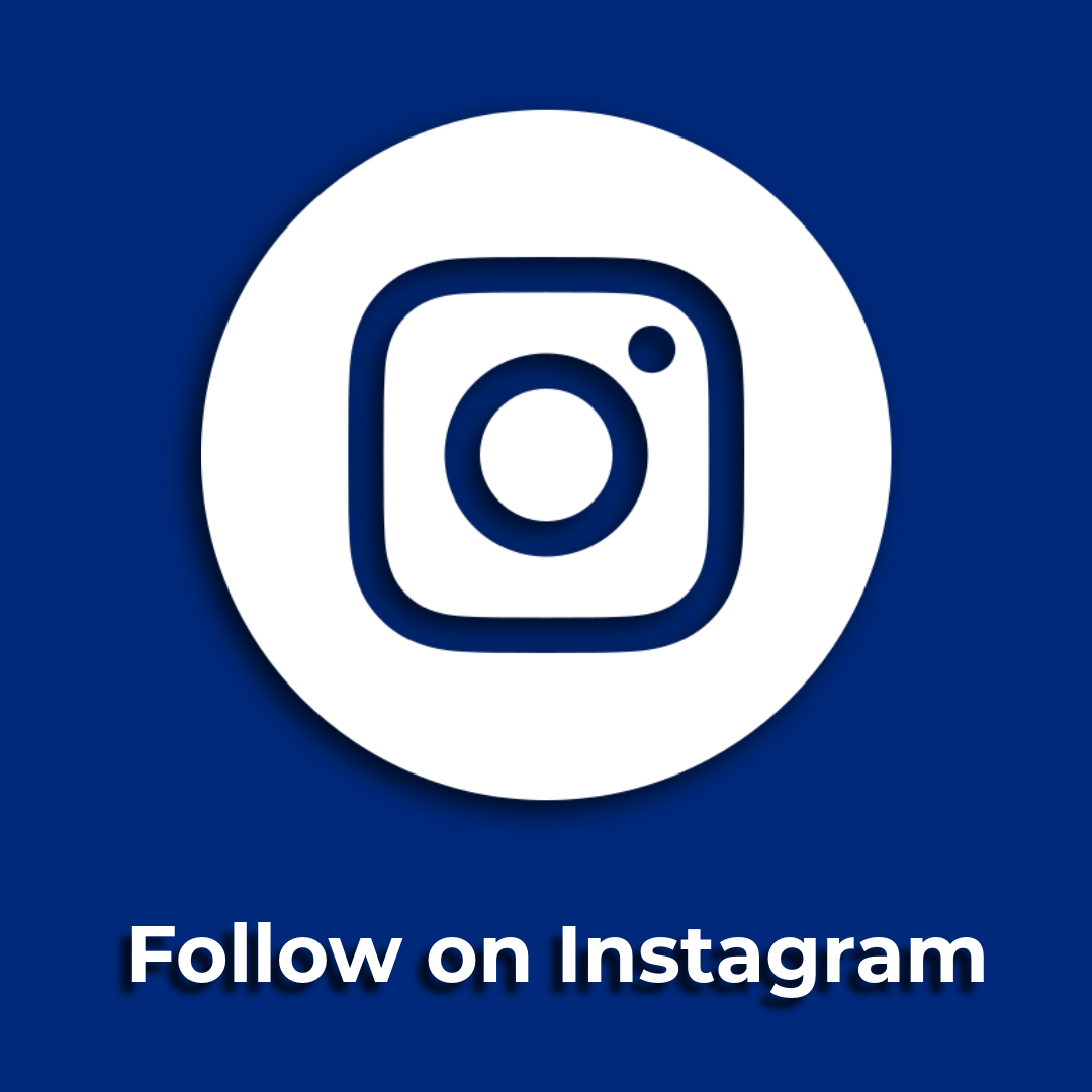 Instagram logo with text 'Follow on Instagram' on a blue background.