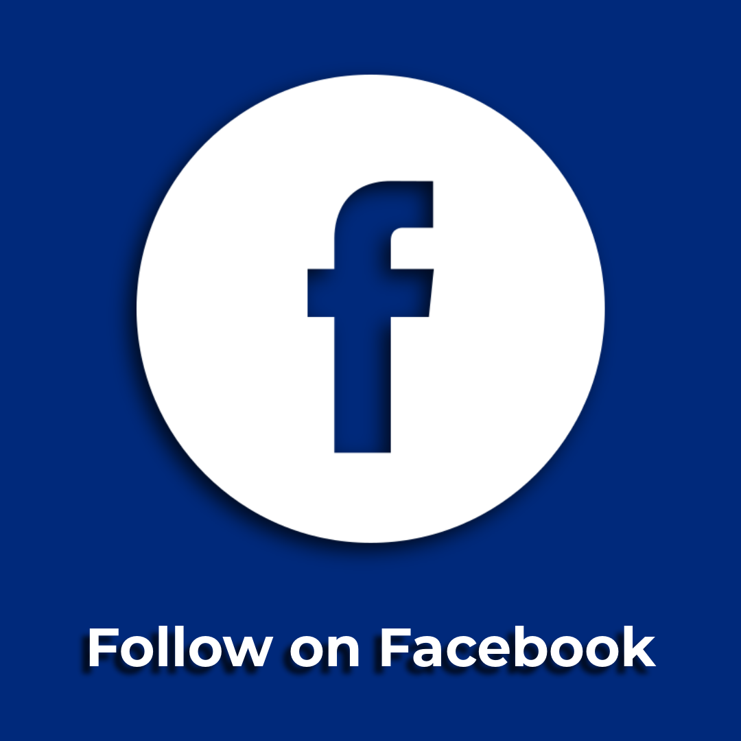 Facebook logo with text 'Follow on Facebook' on a blue background.