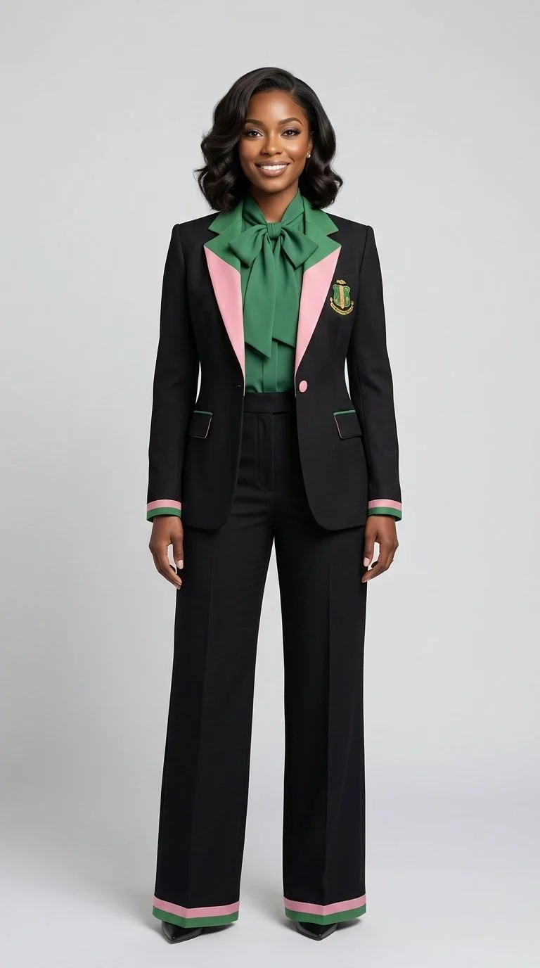 Woman dressed in a black blazer with pink and green accents, green blouse with bow, black pants, and black shoes, standing against a plain background.