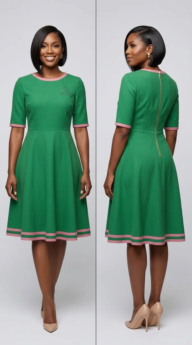 A woman in a green dress with pink trim, shown from the front and back. The dress has elbow-length sleeves, a fitted waist, and a full skirt. She is wearing nude high heels.