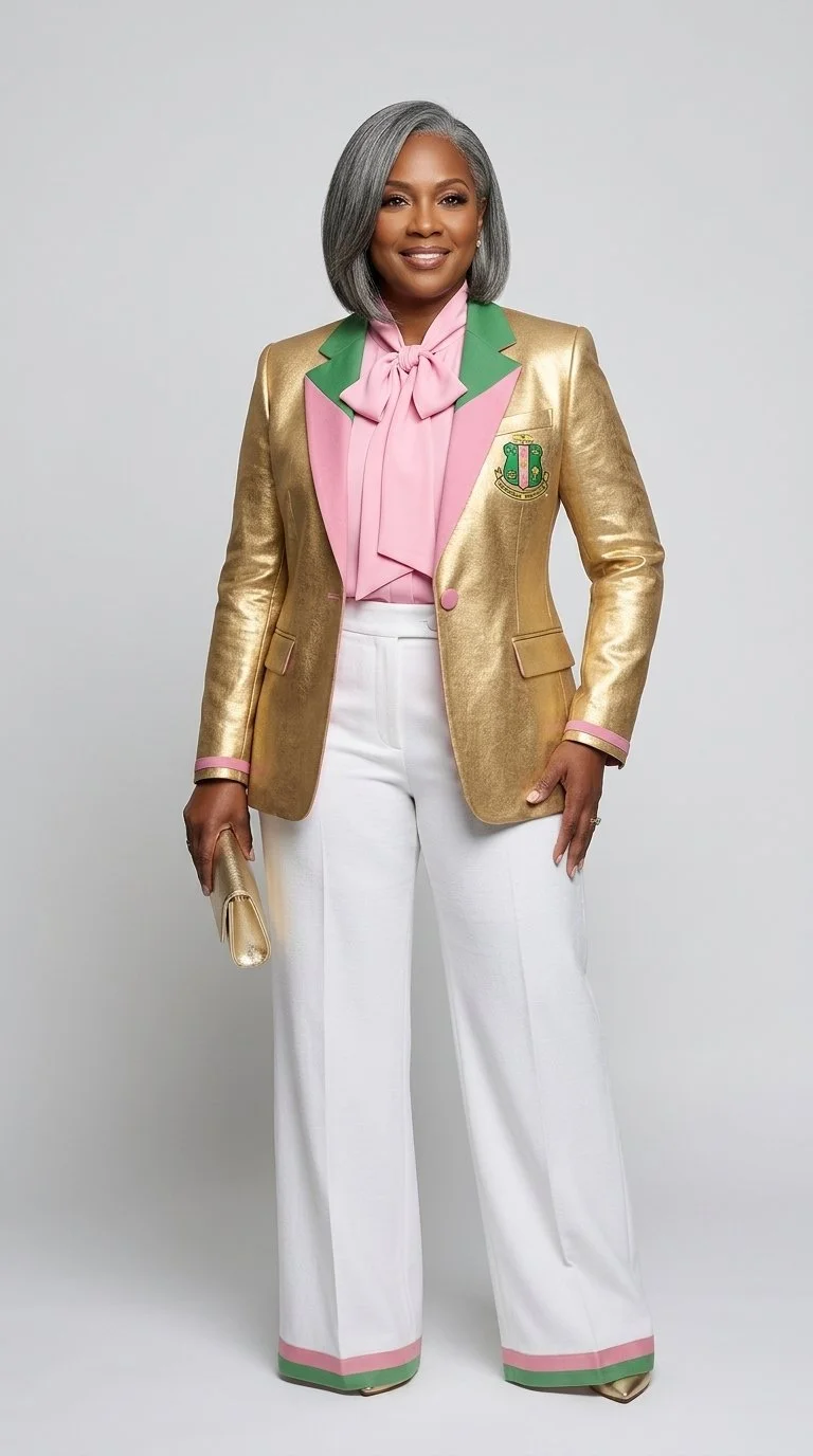 A woman with gray hair wearing a gold blazer with pink and green accents, pink blouse with bow tie, and white wide-leg pants with pink and green trim, standing against a plain light gray background, holding a gold clutch in her right hand.
