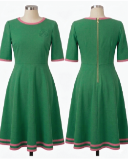 Green dress with pink and red trim, displayed on a mannequin, showing front and back views.
