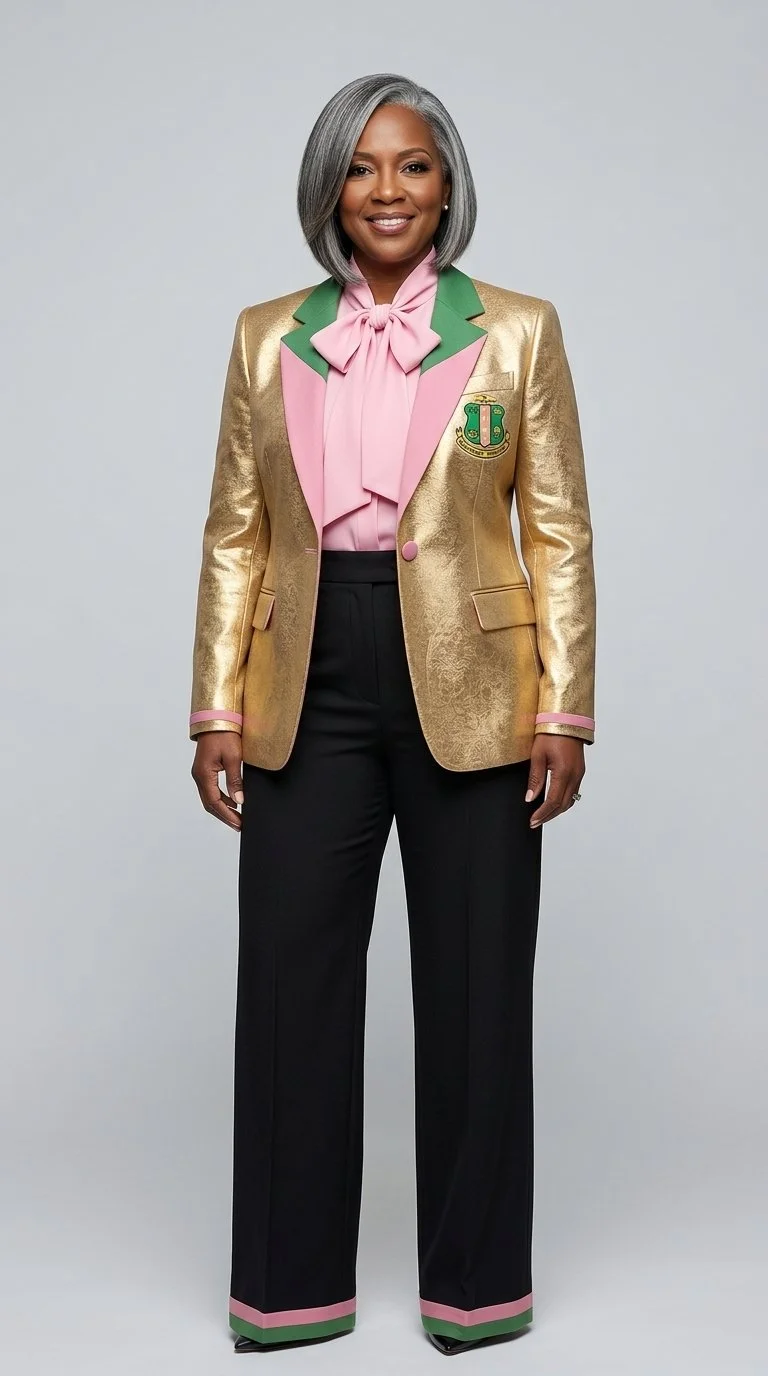 A woman with gray hair smiling, wearing a gold blazer with green and pink accents, a pink blouse with a bow, and black pants with pink and green trim.
