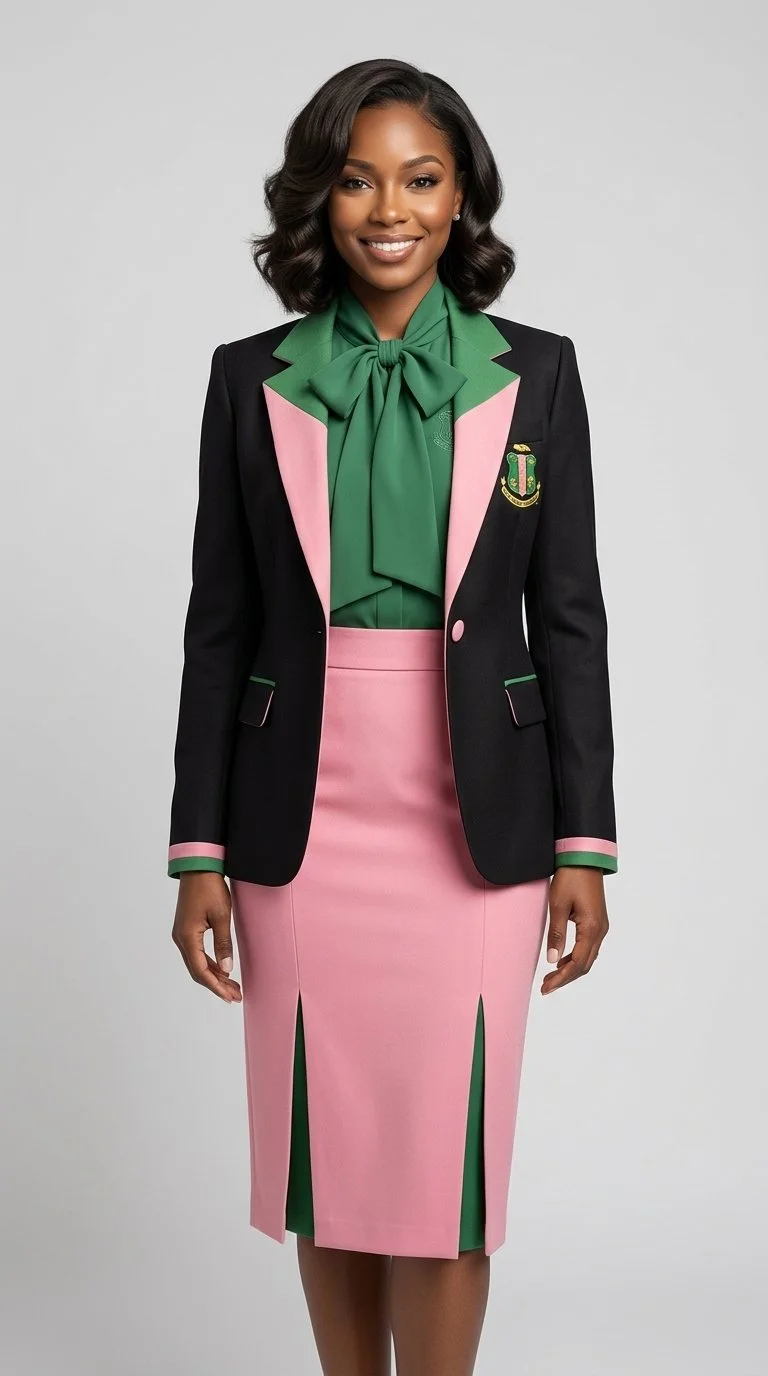 A woman with dark wavy hair, wearing a black blazer with pink and green accents, a green blouse with a bow, and a pink skirt with slits, standing against a plain light gray background.