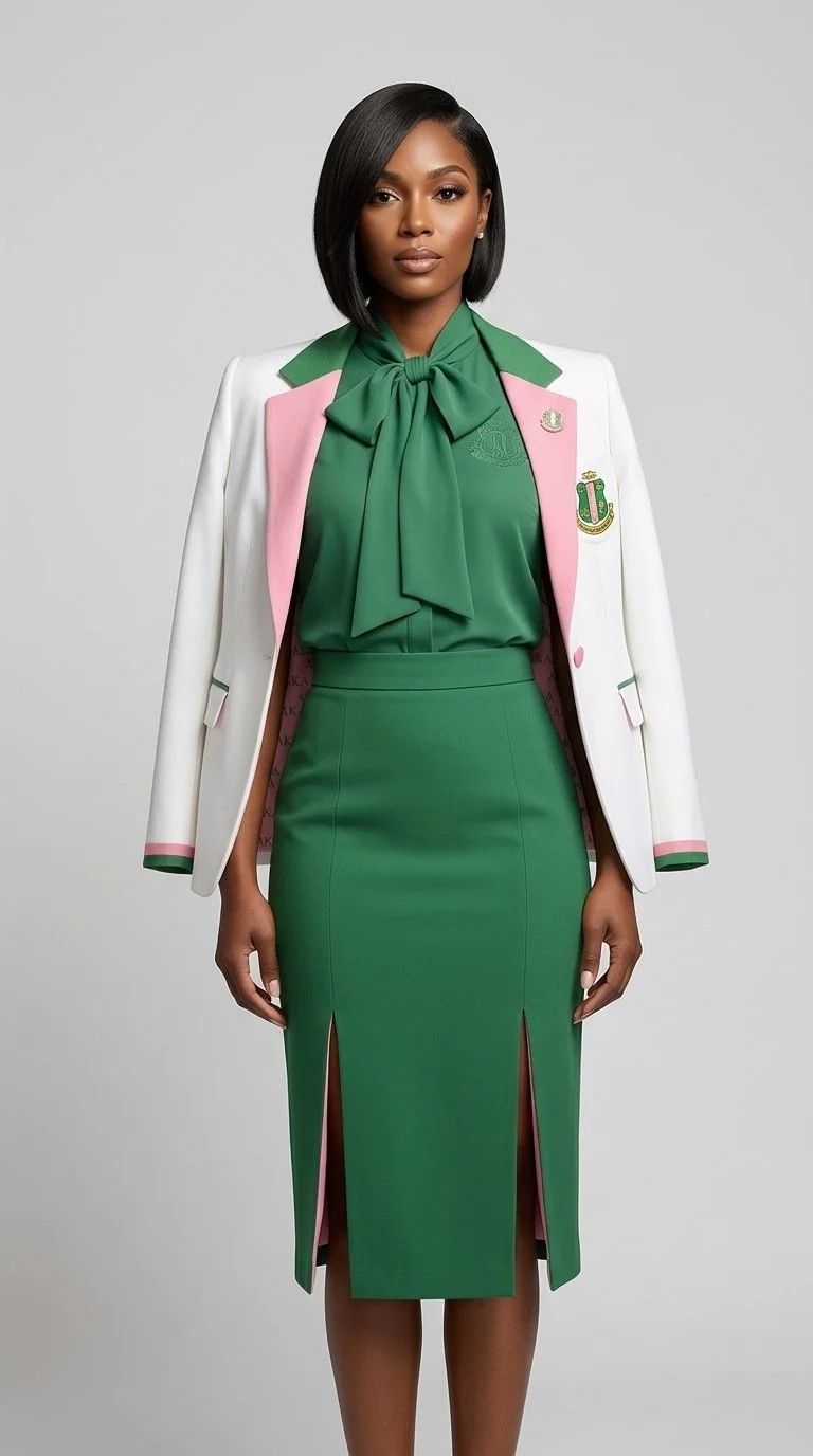 Woman in a green blouse and matching skirt, wearing a white blazer with pink and green accents and a large green bow tie around her neck, standing against a plain gray background.