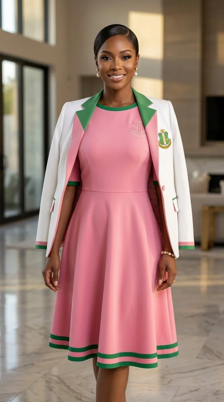A woman in a pink dress with green trim and a white blazer with pink and green accents, standing indoors in a modern building.