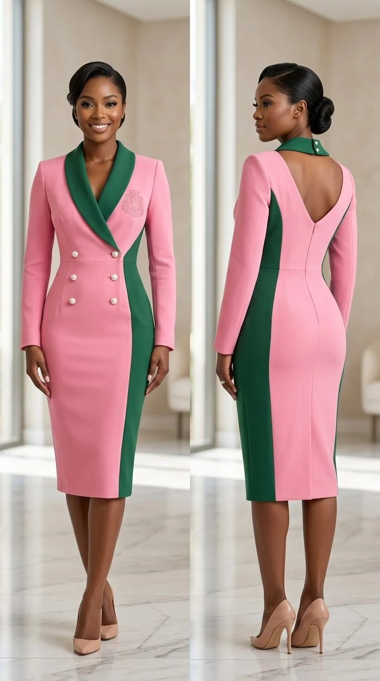 A woman modeling a pink and green fitted dress with long sleeves and a double-breasted front, standing indoors with a mirror reflection showing the back of the dress.