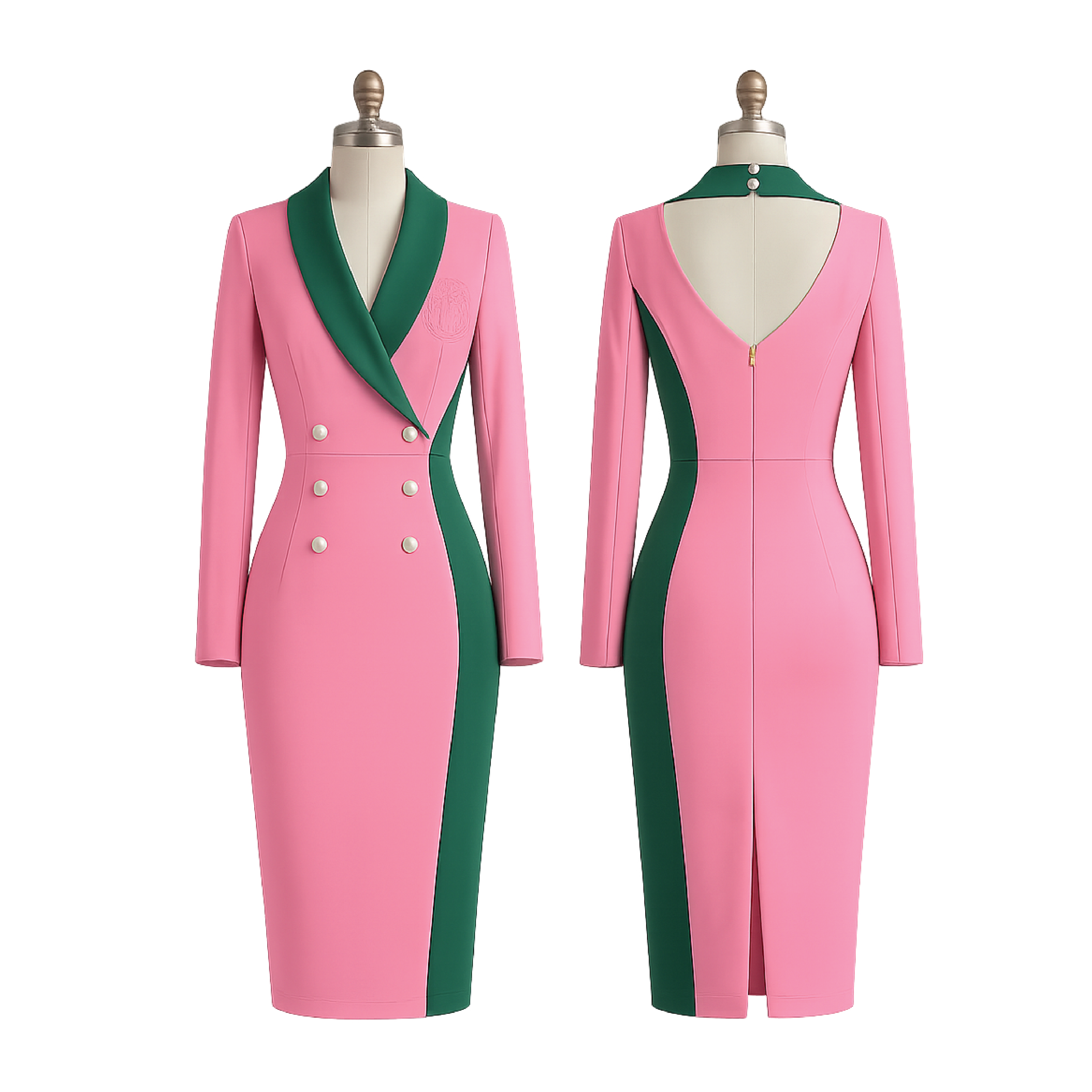 Two mannequins dressed in pink and green color-blocked blazers, one showing the front and the other back view.