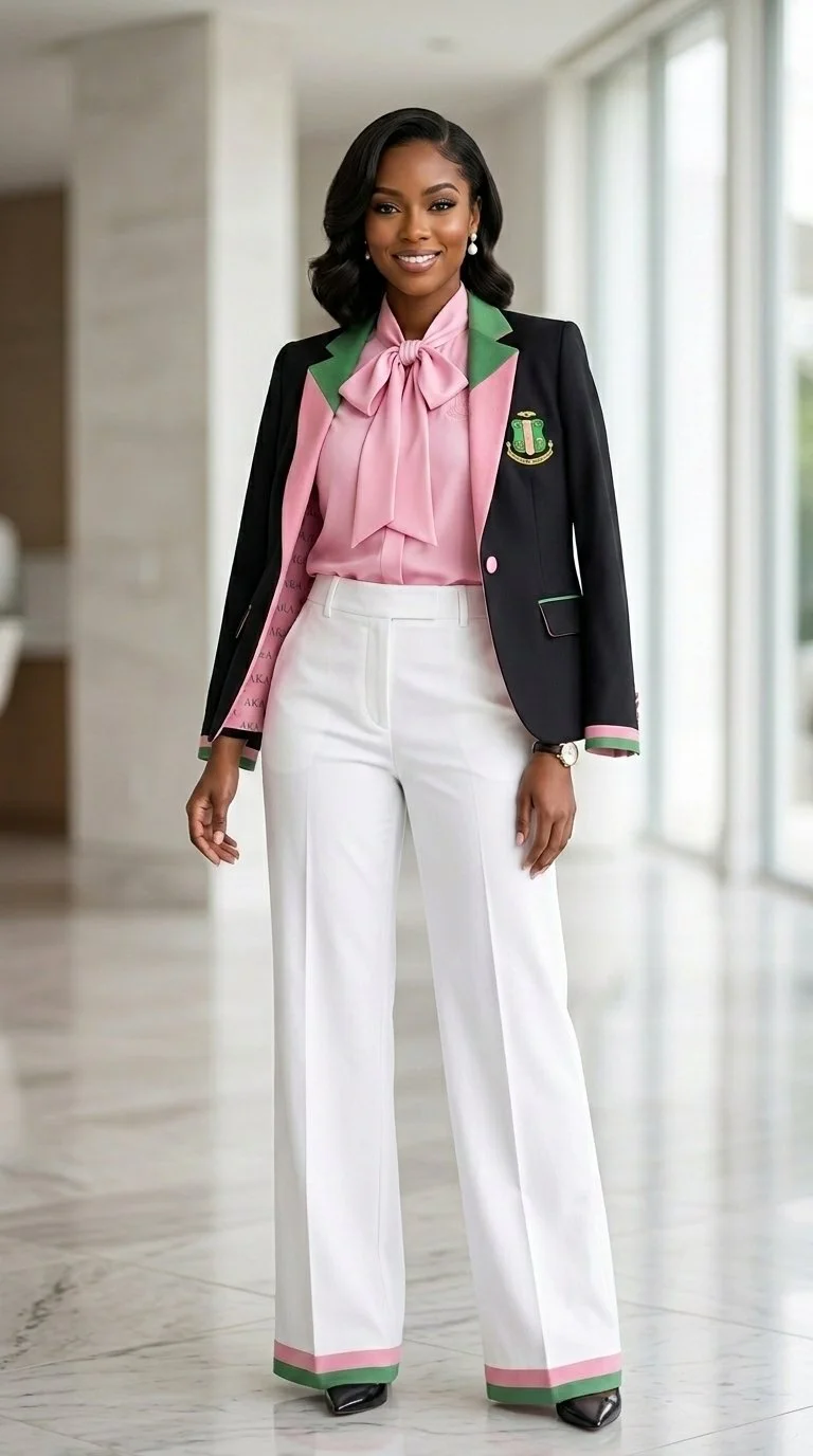 A woman with dark hair wearing a black blazer with green and pink accents, a pink blouse with a bow, white wide-leg pants with pink and green trim, and black shoes, standing in a spacious, well-lit modern interior.